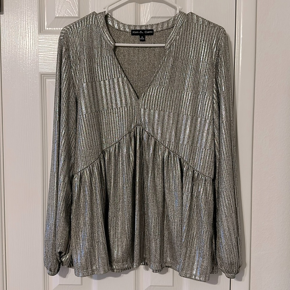 Sparkly silver v-neck peasant top